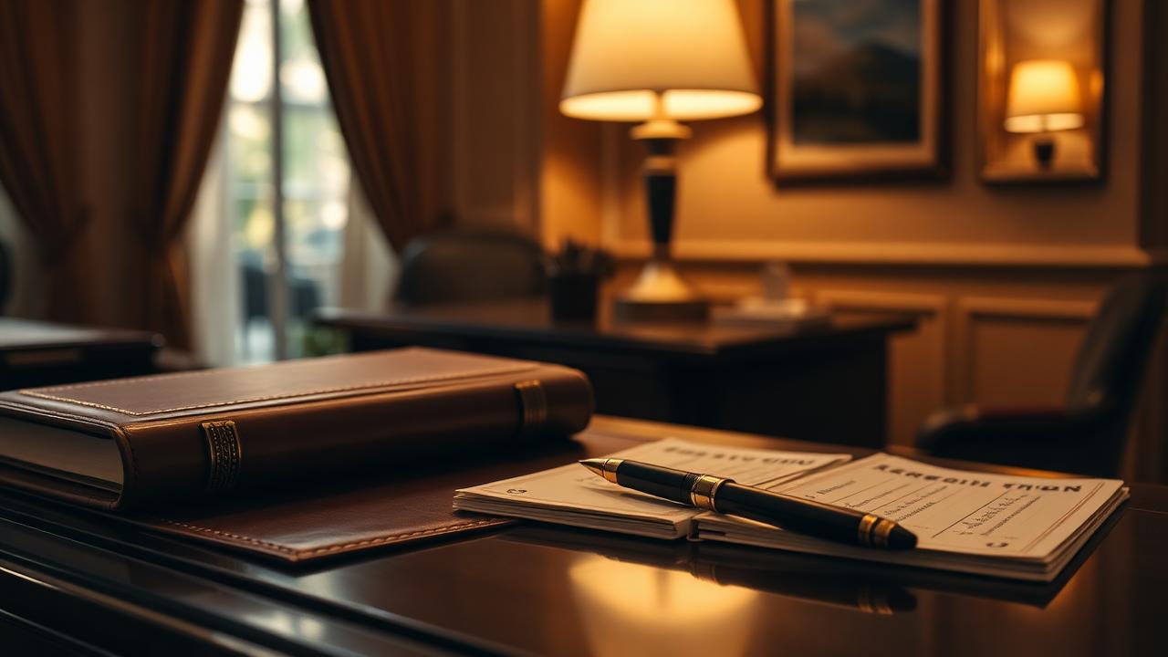 Concierge desk with leather itinerary, fountain pen, and tee-time confirmation cards