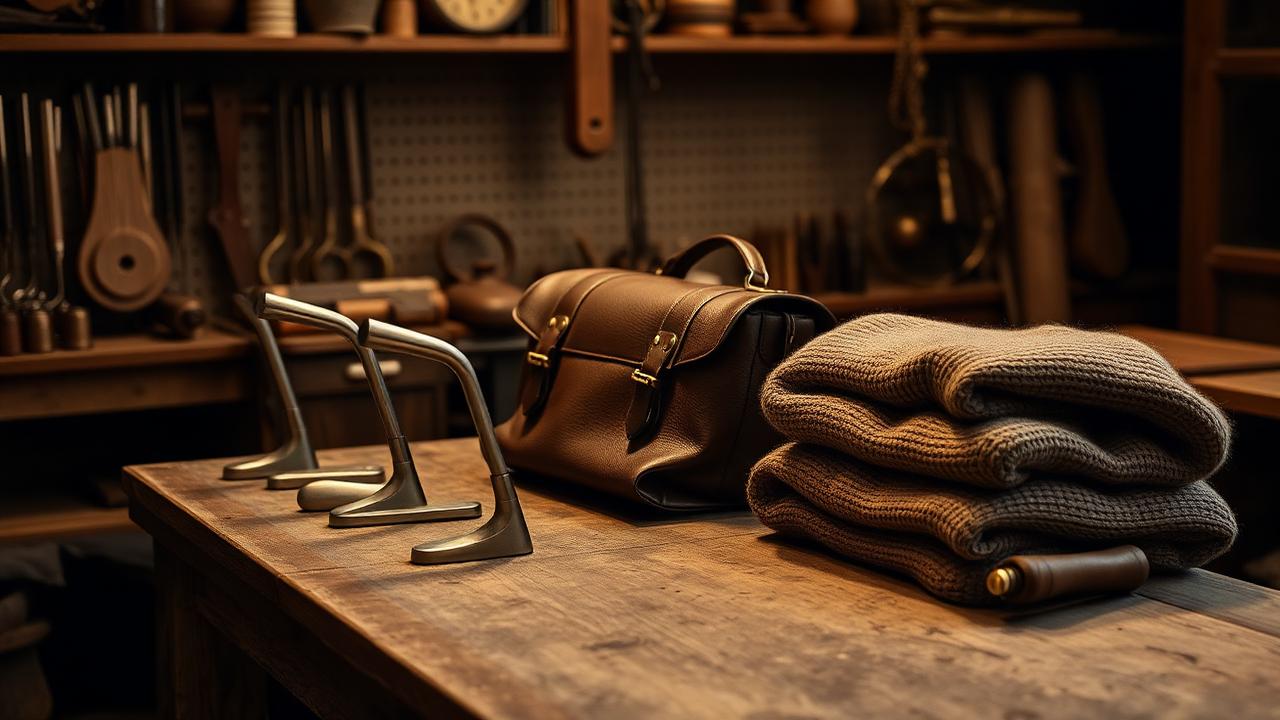 Workshop bench with hand-forged iron heads, leather staff bag, and folded cashmere