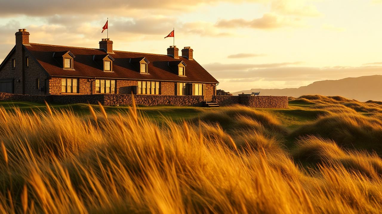 Historic links clubhouse in golden hour above dunes and fescue