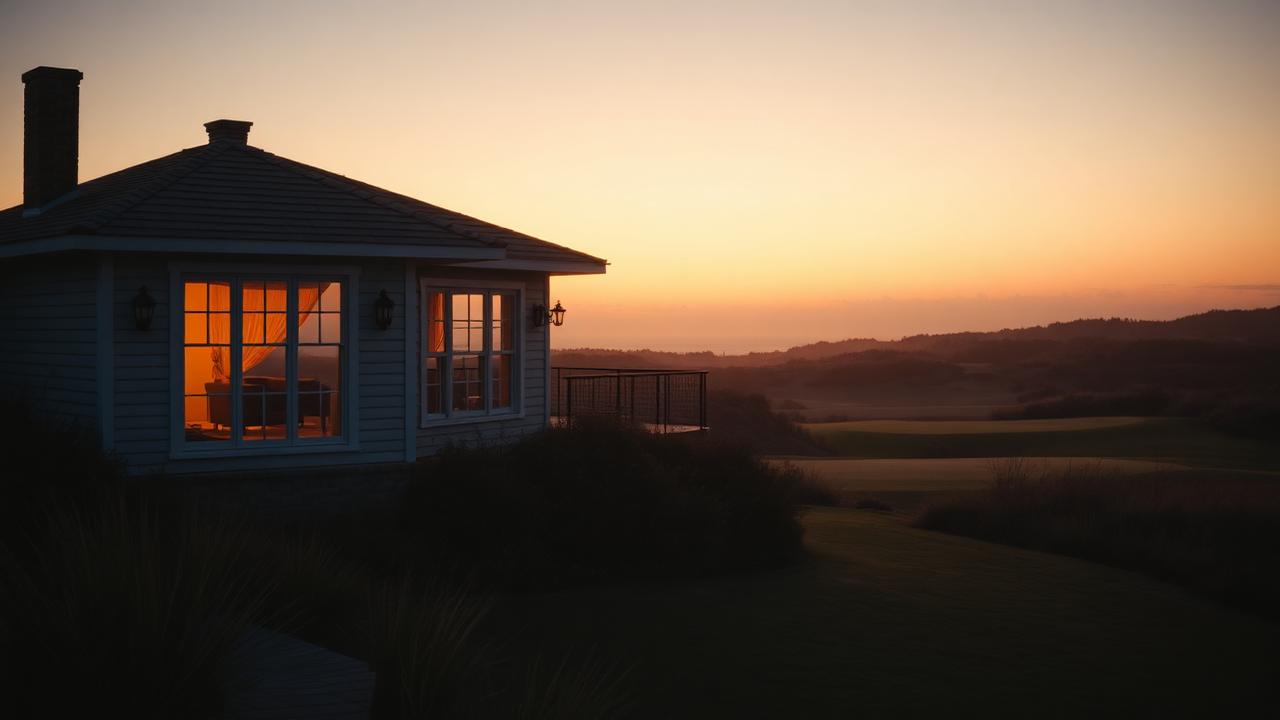 Coastal resort cottage at dawn overlooking dunes and fairway