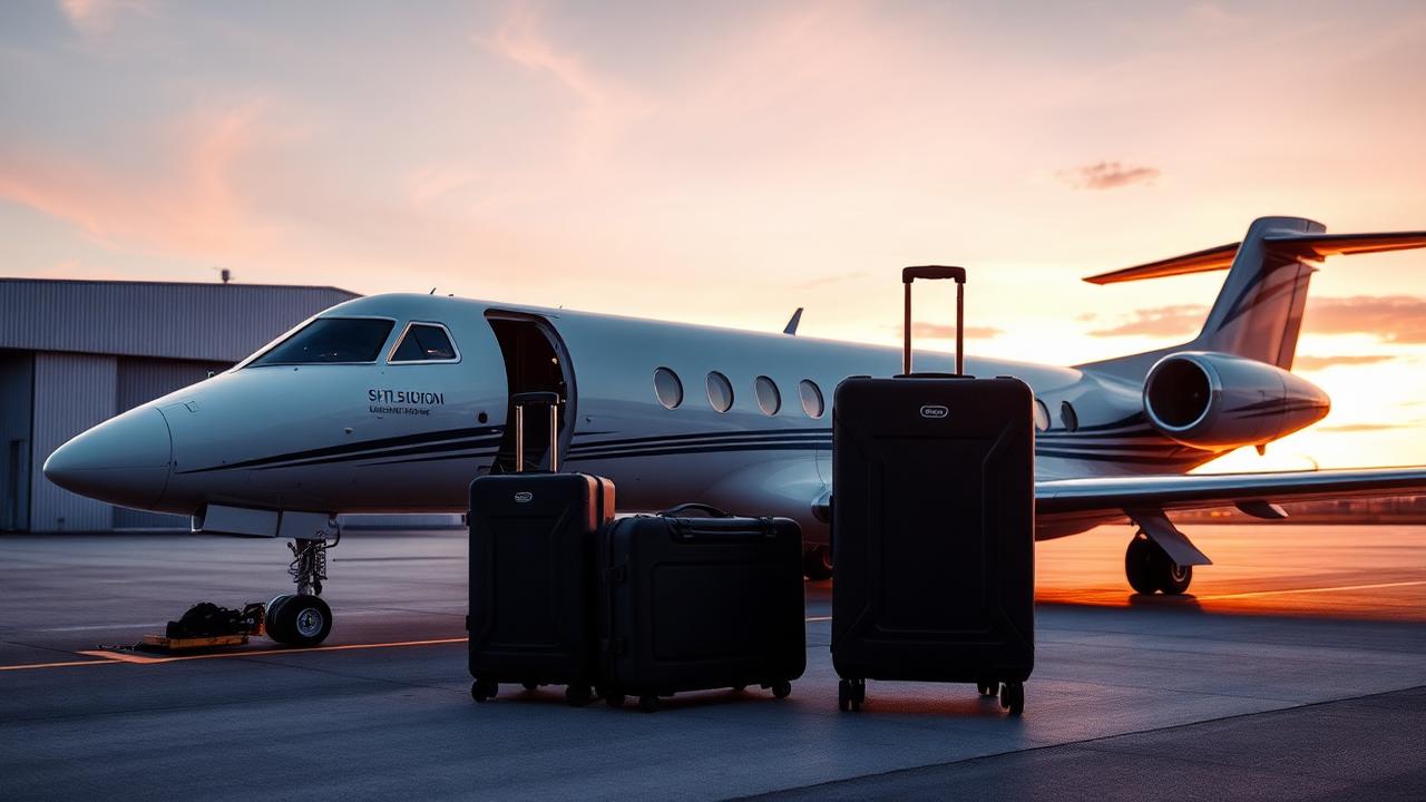Private jet on tarmac at sunrise with golf travel cases loaded