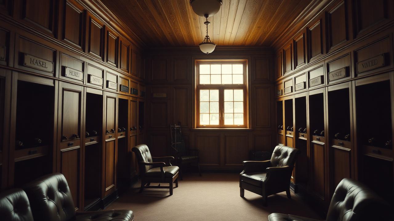 Oak-paneled members' locker room with brass nameplates
